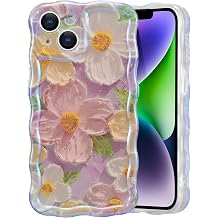 EYZUTAK Case for iPhone 14 Plus/iPhone 15 Plus, Colorful Retro Oil Painting Flower Laser Glossy Cute Curly Wave Edge Exquisite Phone Cover Stylish Durable TPU Protective Case for Girl Women - Pink