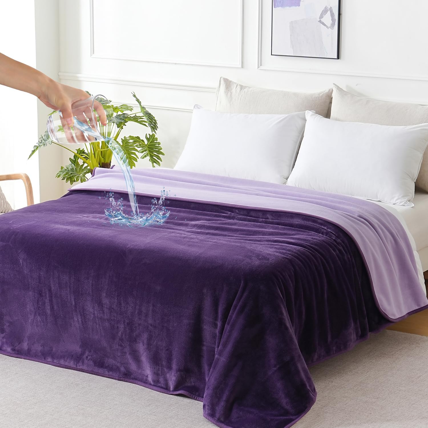 SOCHOW Waterproof Blanket for Bed Sofa Couch, Water Resistant Blanket Washable 60"x80", Reversible Leakproof Bed Cover for Adults Elderly Pets, Deep Purple & Light Purple