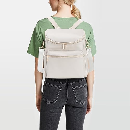 Miniatura 6 de Minsong Mochila para pañales, mochilas de cuero de moda para mamá, bolsas de pañales de viaje para bebé con organizador y cambiador, Blanco perla,