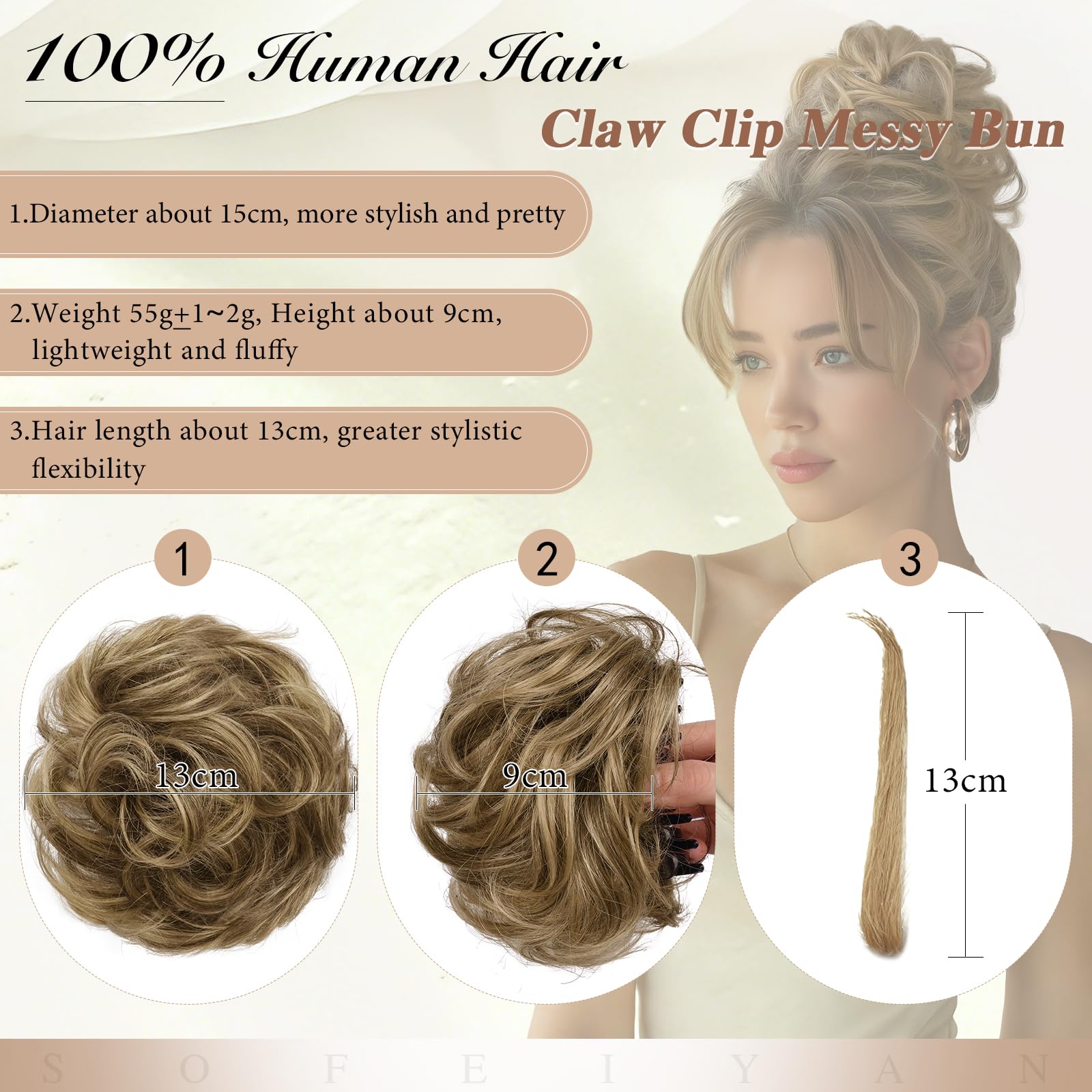 Sofeiyan Chignon in Capelli Umani,Chignon Voluminoso e Riccio con Fermaglio,Estensioni con Clip a Riccioli Ondulati per Donna, Clip in Claw Hair Scrunchies(Castano Chiaro con Riflessi Biondo Beige)