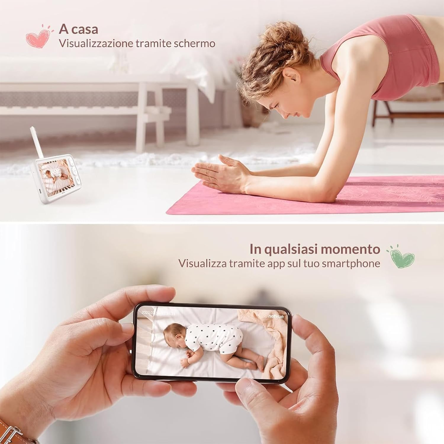 NETVUE Baby Monitor Video e Audio con Supporto 4 in 1, Senza Fili 5000mAh 5" Baby monitor con Visione Notturna, App, Audio Bidirezionale, Rilevamento del Pianto, VOX, senza WiFi