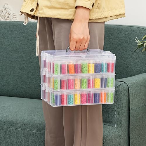 Miniatura 7 de QUEFE Contenedor de almacenamiento de pintura de diamante de 3 niveles, caja organizadora de cuentas portátil de 150 ranuras, organizadores