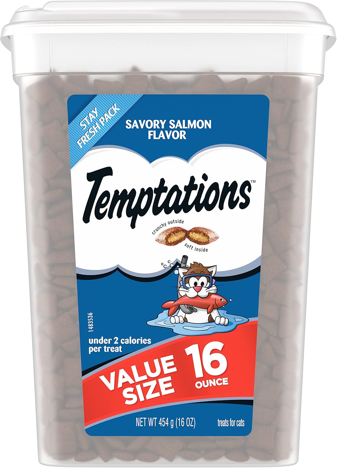 TEMPTATIONS Classic Bocadillos crujientes y suaves para gato sabor salmón delicioso, 16 onzas Envase