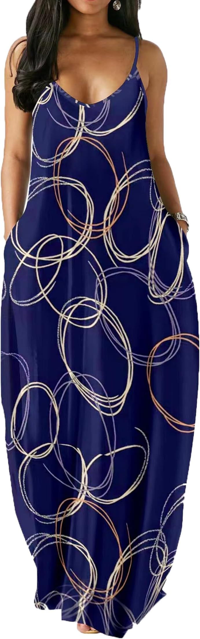 vunahzmaWomen's Sexy Maxi Dresses Summer Casual Loose Long Floor Length V-Neck Adjustable Spaghetti Strap Sleeveless Navy Sundresses Plus Size with Pockets(Floral-60 S)
