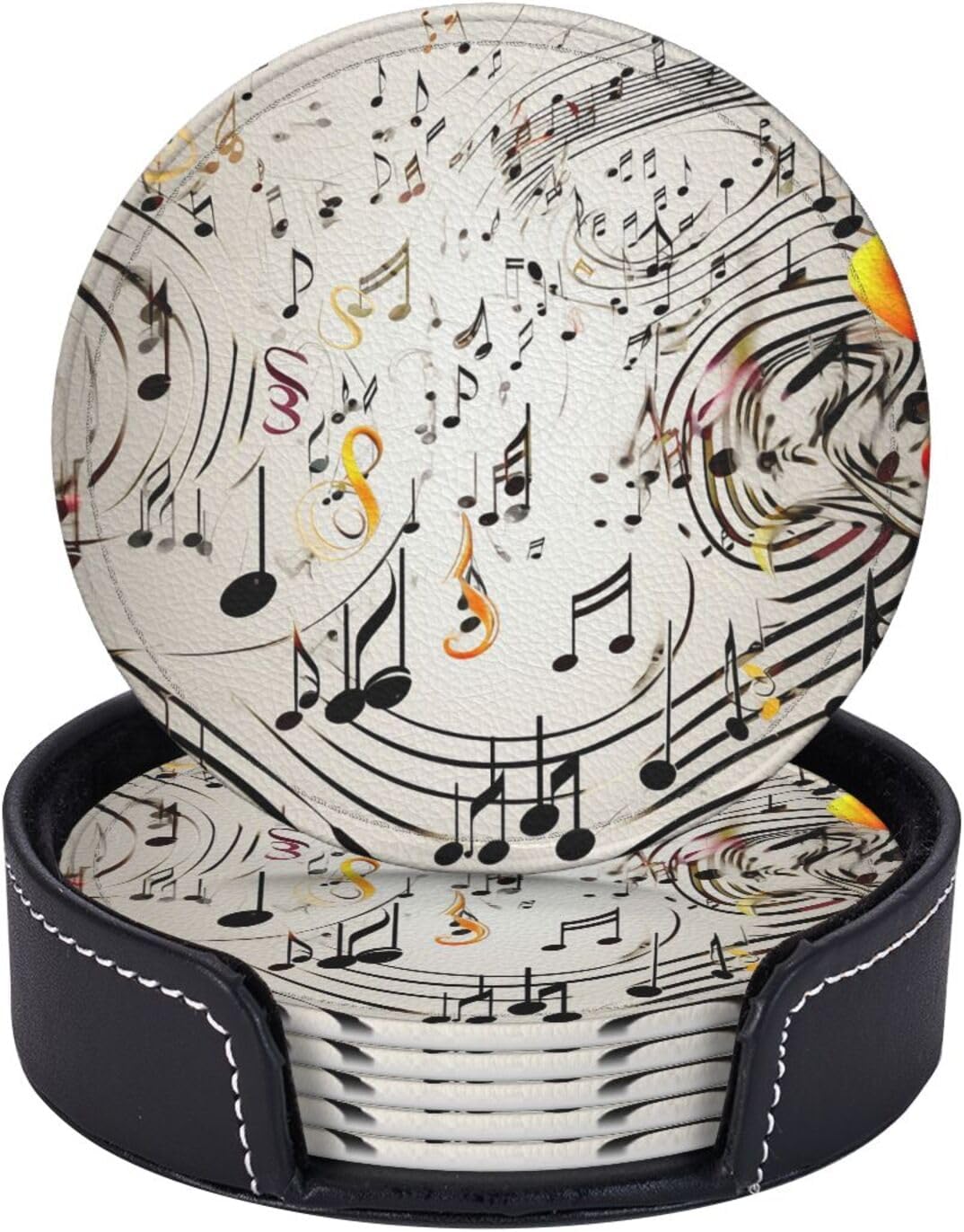 Music Notes Print Coasters for Drinks Set of 6 Waterproof Insulated Mug Cup Coasters with Holder Non-Slip Car Coasters for Office Coffee Table Home Decor image 2
