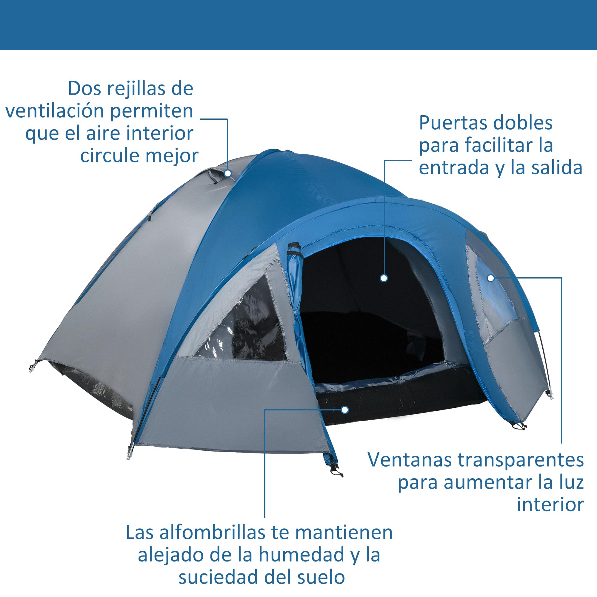 Outsunny Tienda de Campaña para 3 Personas, Tienda de Camping de Doble Capa con 2 Bolsillos, Ventanas y Bolsa de Transporte, 250x300x130 cm, Gris y Azul