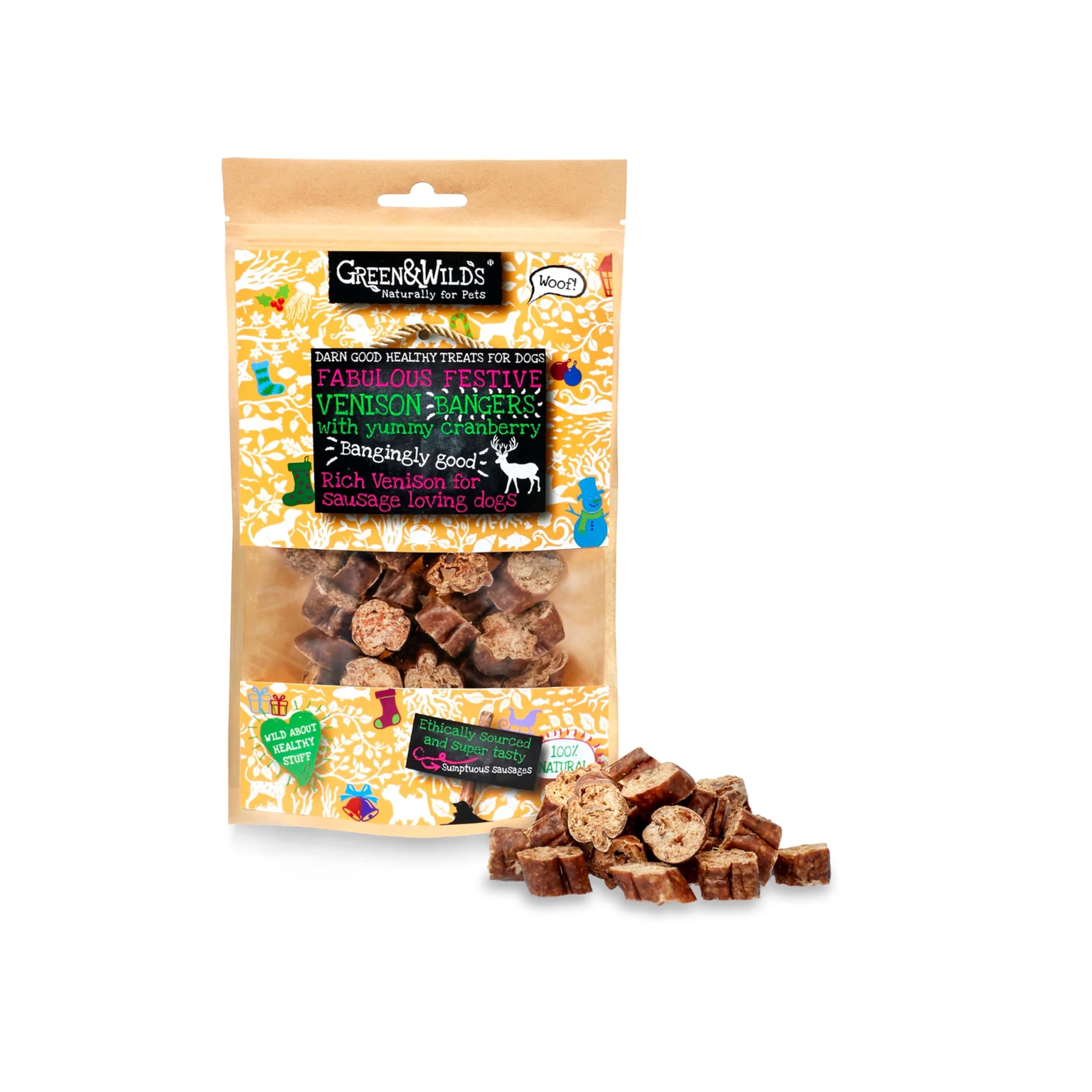 Green & Wilds Natural Dog Treats - Venison & Cranberry Christmas Bangers - Xmas Dog Treat Stocking Filler Gift
