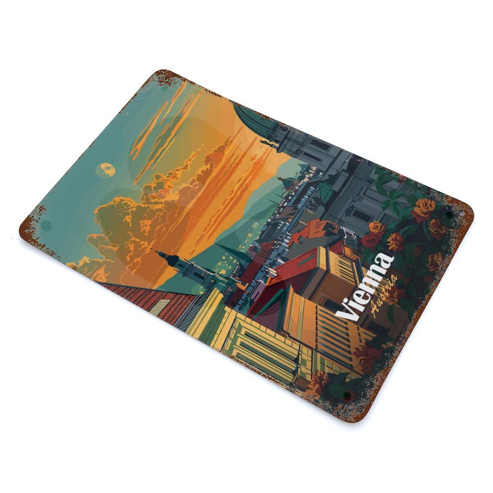 Rust Effect Vienna Cityscape Sunset Decorative Tin Sign 11.8"x7.9", Vintage Wall Decor for Farmhouse, Kitchen And Entryway Decor
