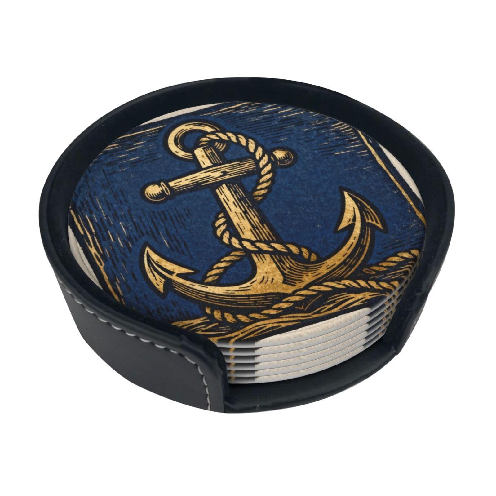 Anchor Rope Knot Leather Coasters-Set of 6 with Storage Holder
