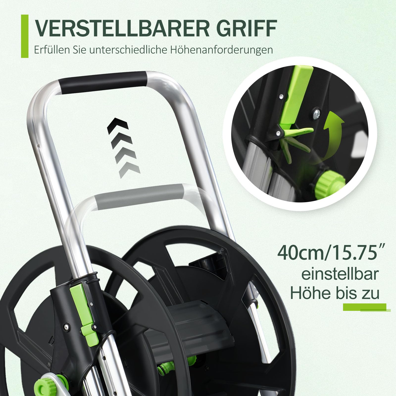 Schlauchwagen aus Metall – fahrbare Schlauchtrommel für 60 m (1/2 Zoll) Schlauch,mit Rädern, Verstellbarem Handlauf & Robustem Metallrahmen,Garten, Platzsparend & Einfach Abnehmbar