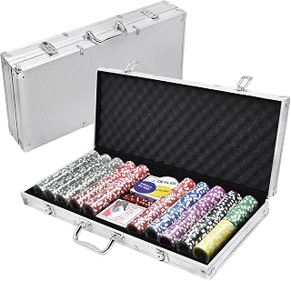 FIVMEN Pokerkoffer Set 500 Chips Pokerset Poker Set inkl. 500 Laser Poker Chips, 2X Pokerdecks, 3X Dealer Button, 5X Würfeln mit Aluminium Koffer, Silber