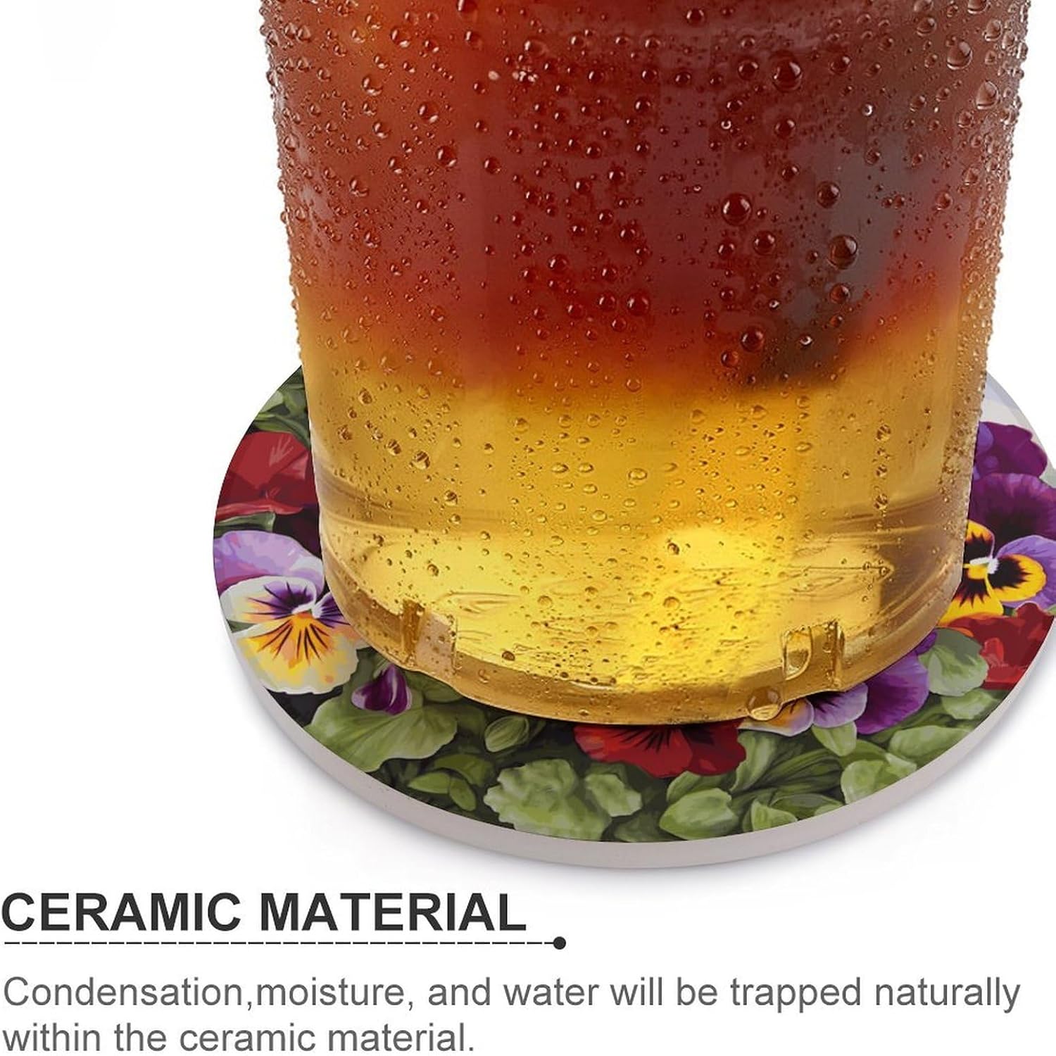 Pansy Perfection Coaster with Cork Base Drink Coasters for Coffee Table Decor Modern Cup Coasters with Non-Slip & Heat-Resistant Cute Ceramic Table Coaster for Home Dining