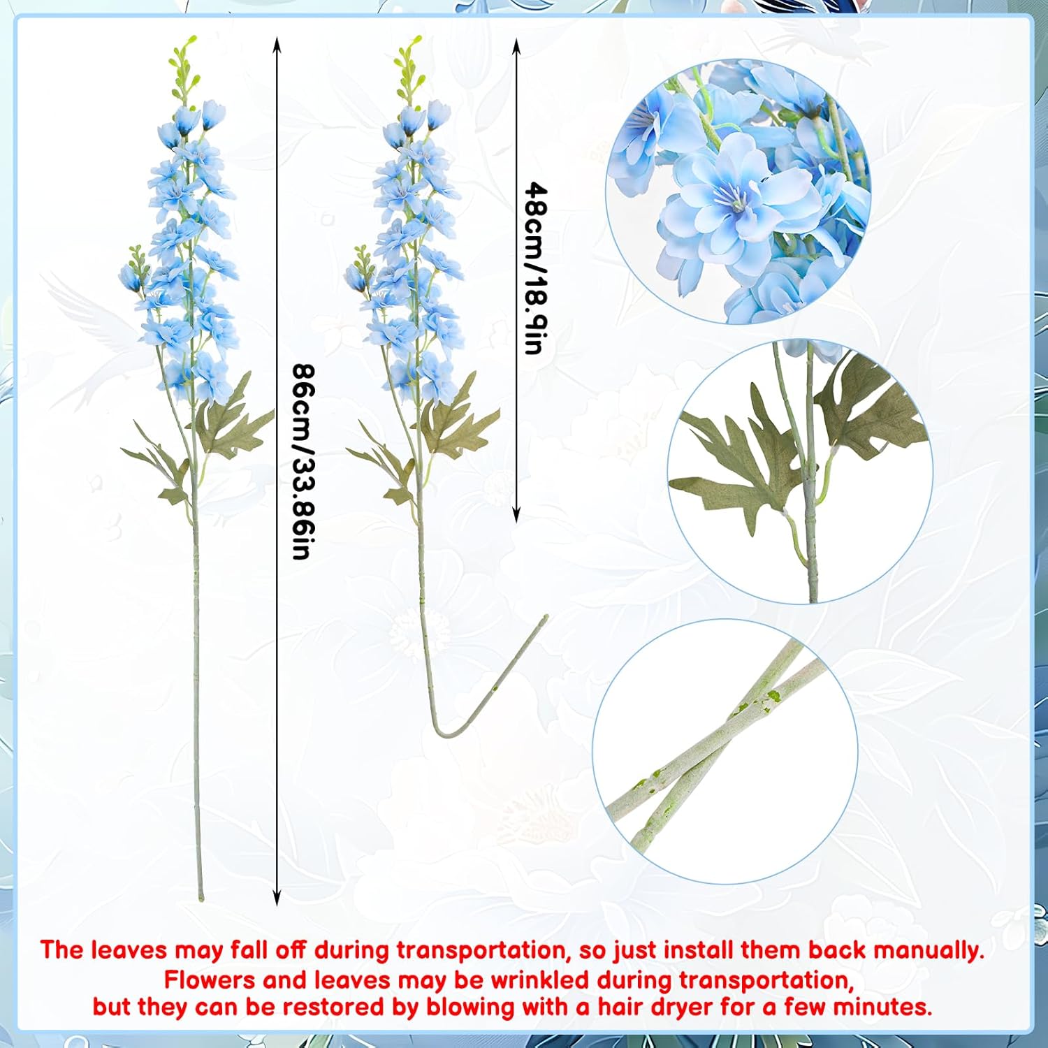 10 Pcs Delphinium Artificial Flowers for Decoration, 33.86 Inch Long Stem Larkspur Fake Flowers Light Blue Faux Silk Bouquets for Tall Vase Wedding Home Decor Floral Arrangements(Light blue) - Image 7