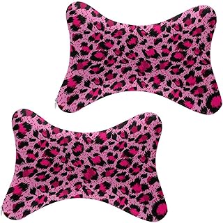 Car Pillow for Neck Pain Relief Support, Compatible with Pink Cheetah Leopard Print Memory Foam Car Neck Pillow for Car Seat with Adjustable Strap, 2 Pcs Car Headrest Pillow for Ergonomic Design