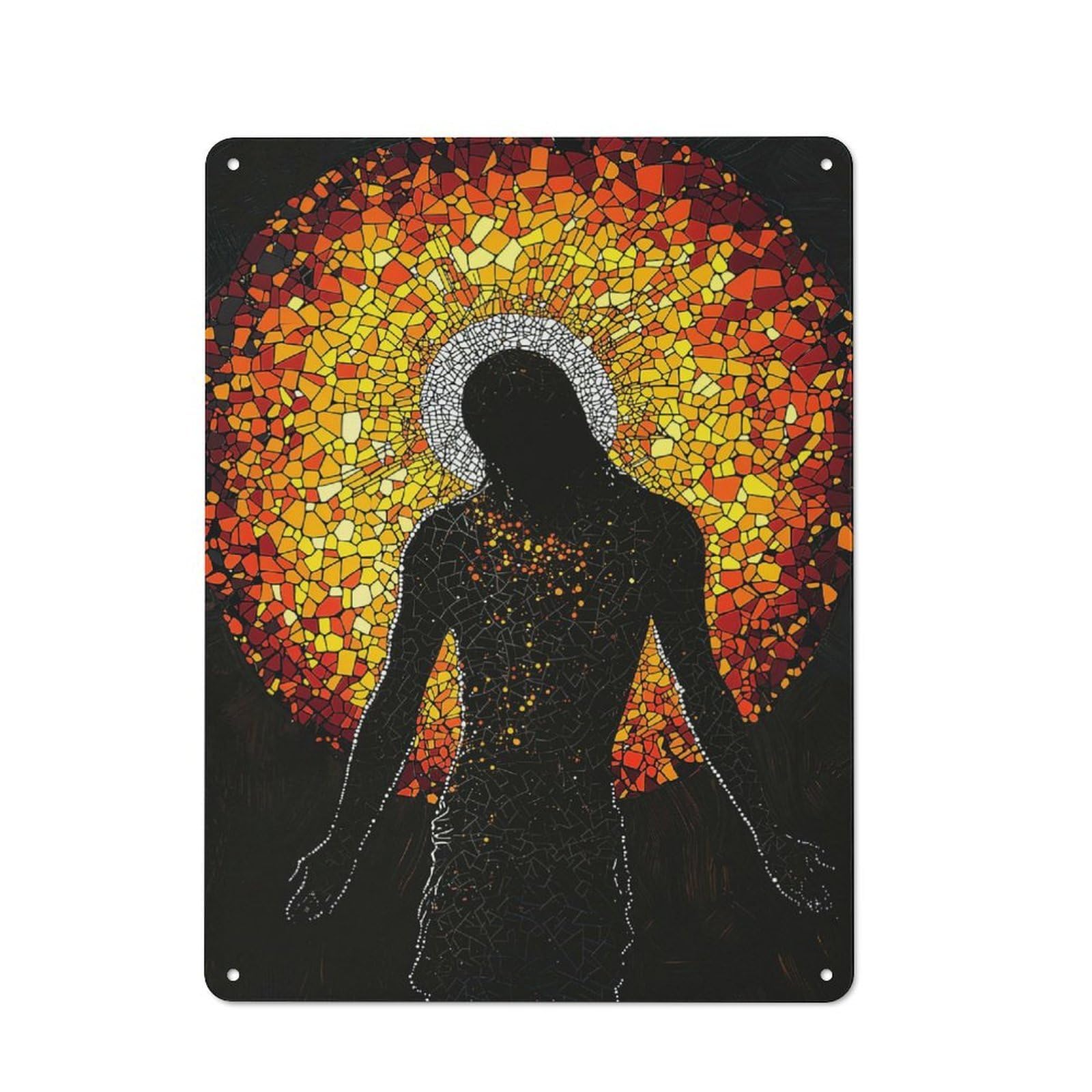 Junmoney Stained Glass Jesus Silhouette Metal Sign 40X30cm With For Pub Or Café, Retro Decor, For Cooler-Month Interiors With Retro Character