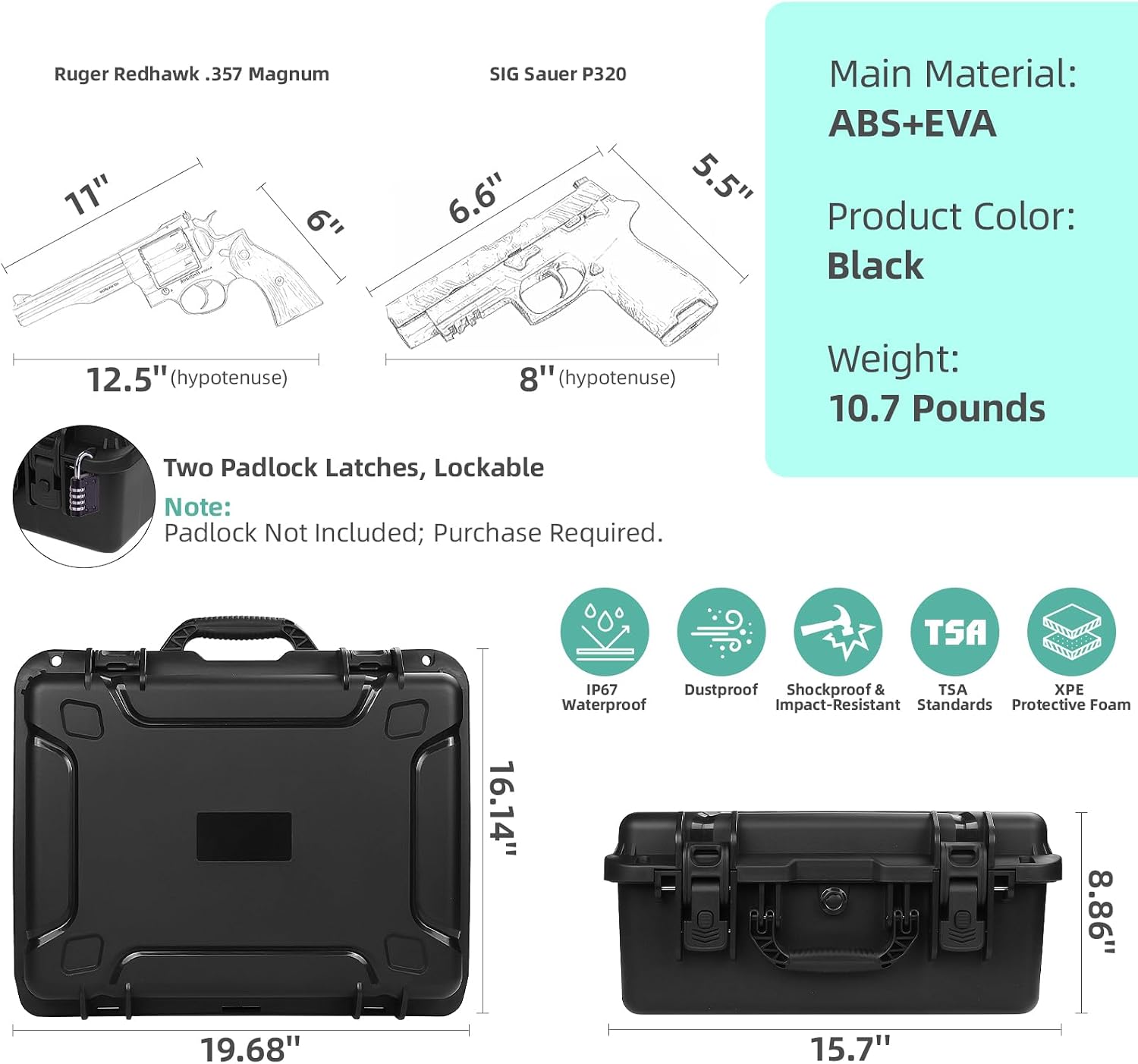 Pistol Case Holds 5 Handguns and 11 Magazines, TSA Approved Hard Shell Gun Cases for Handguns, 16 Inches Custom Pre-cut Foam Waterproof Handgun Case