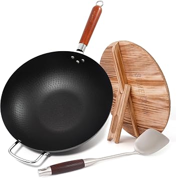 13.5" Carbon Steel Wok Pan with Wooden Lid Standable, Pre-Seasoned Flat Bottom Woks & Stir-fry Pans Chinese Cookware Compatible with Induction, Gas Pan-fry, Stir Fry, Steam, BBQ & Camping
