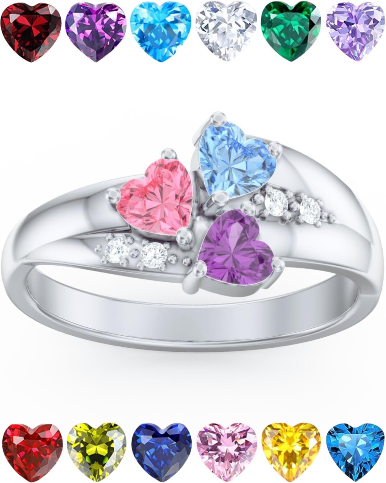 PaulaMax Jewelry Mothers Ring with 3 Birthstones 3 Names Engraved, Sterling Silver or White Gold, Customized Personalized Ring for Women, Sizes 5-12