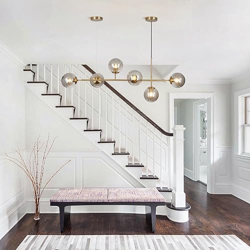 Miniatura 7 de KCO Lighting Lámpara de Araña Sputnik Moderna de Globo de 6 Luces Latón Dorado Lámpara de Araña Colgante Lineal Iluminación de Cristal Ahumado