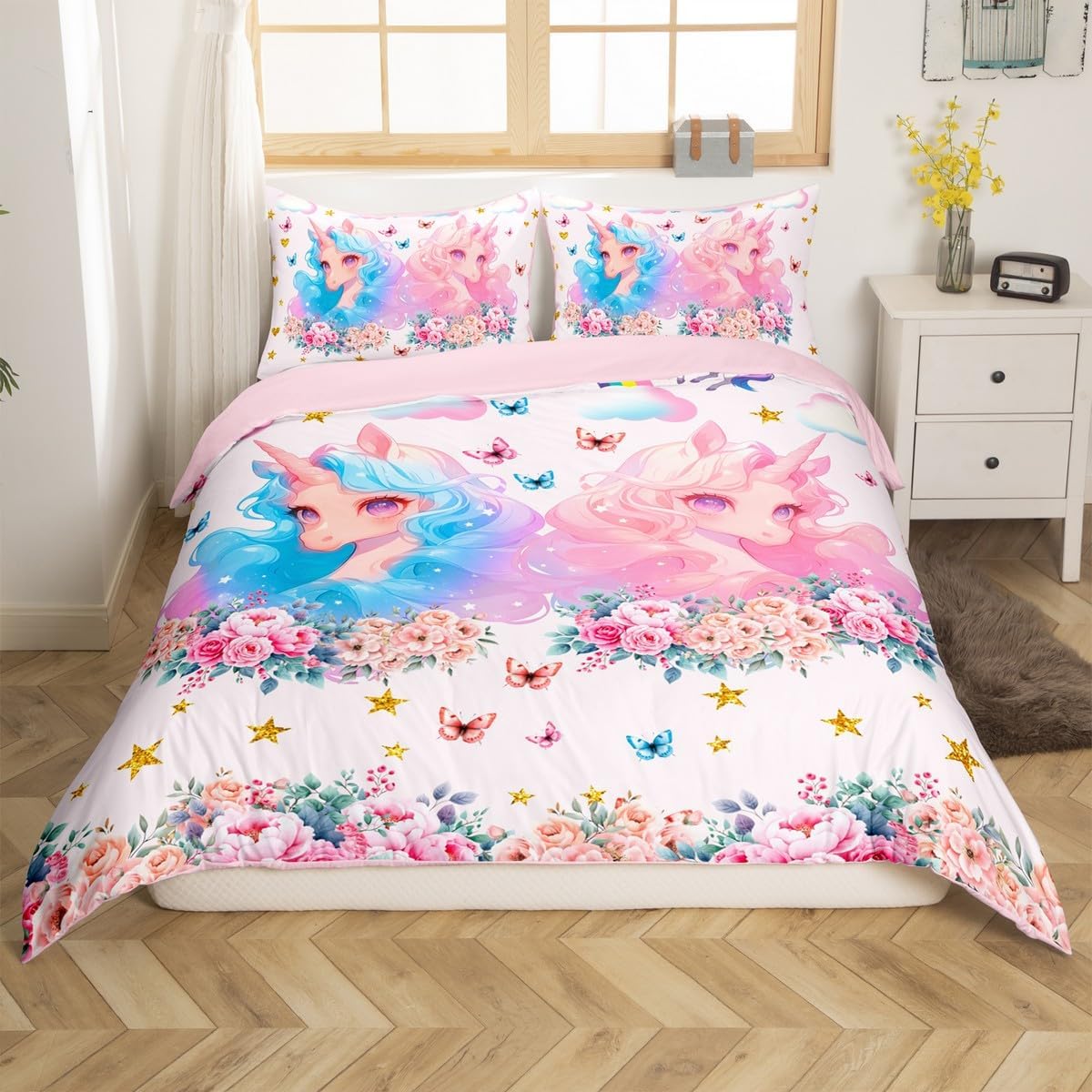 jejeloiu Kids Pink Unicorn Bedding Set Toddler Size, Kawaii Unicorns Duvet Cover Unicorn Glitter Comforter Cover Boys Girls Teens Bedroom Decor Quilt Cover (No Comforter)