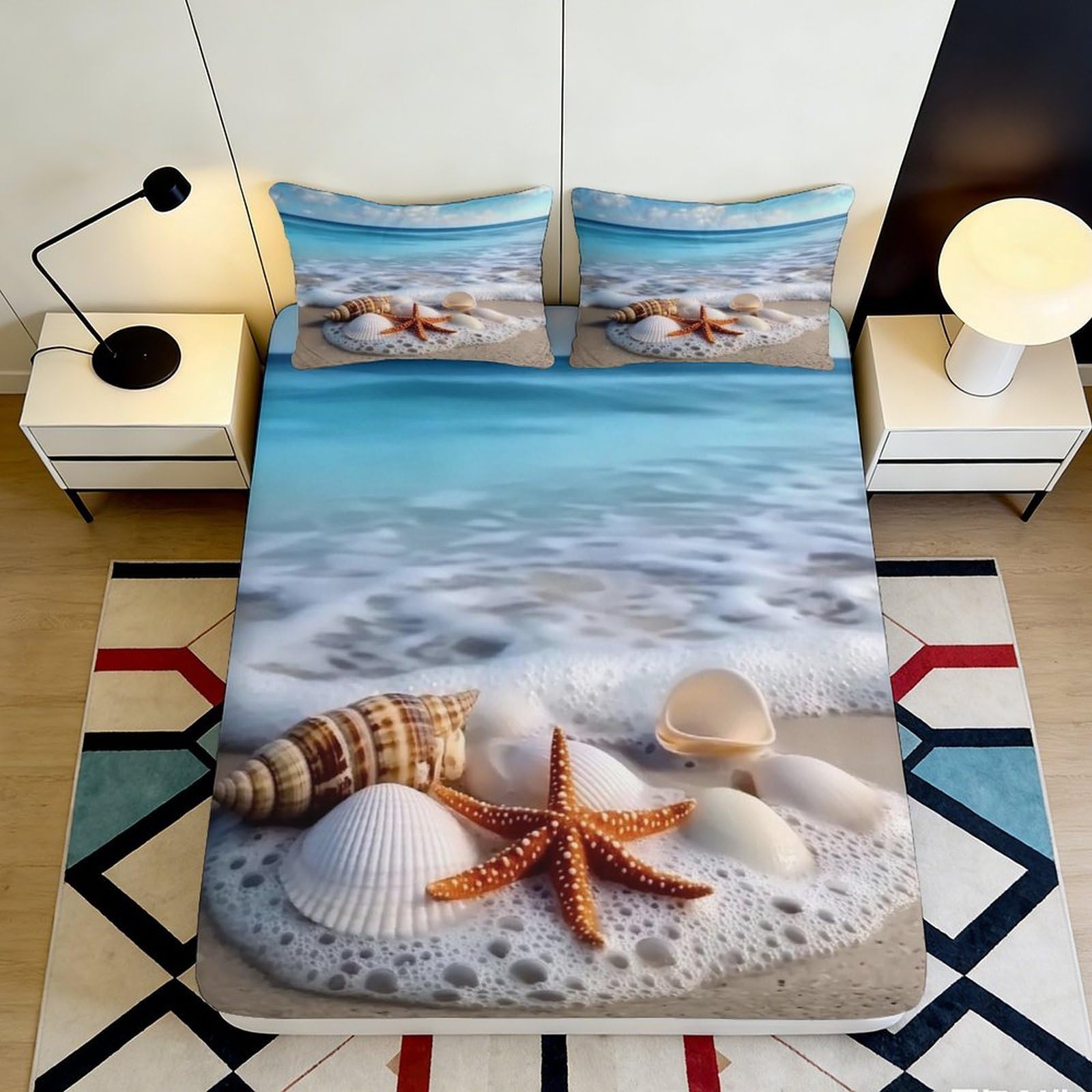 Pnayamiorkfel Style-5 3D Printed Ocean Beach Fitted Sheet Microfiber Soft Seashell Starfish Mattress Cover For Bedroom Guest Room Decor 90X200x25cm