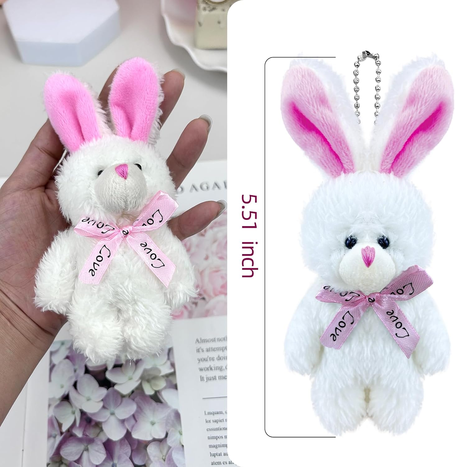 12 pcs Easter Mini Plush Rabbit with Tie, 5 Inch Soft Small White Bunny Stuffed Bunnies Bulk for Keychain Birthday Party Favor Cake Wedding Decorations