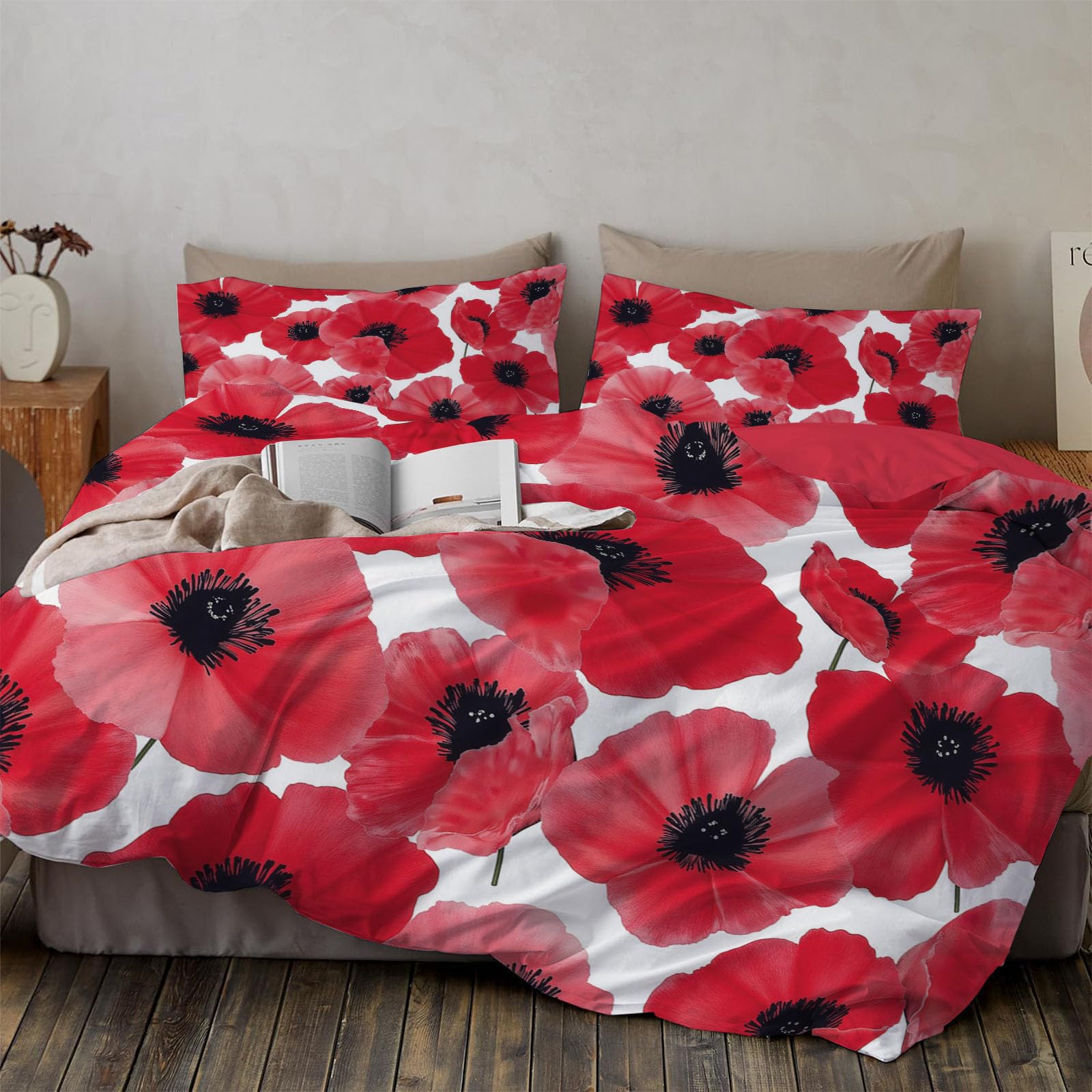 Housse de couette 220x240cm coquelicot parure de lit 2 personnes