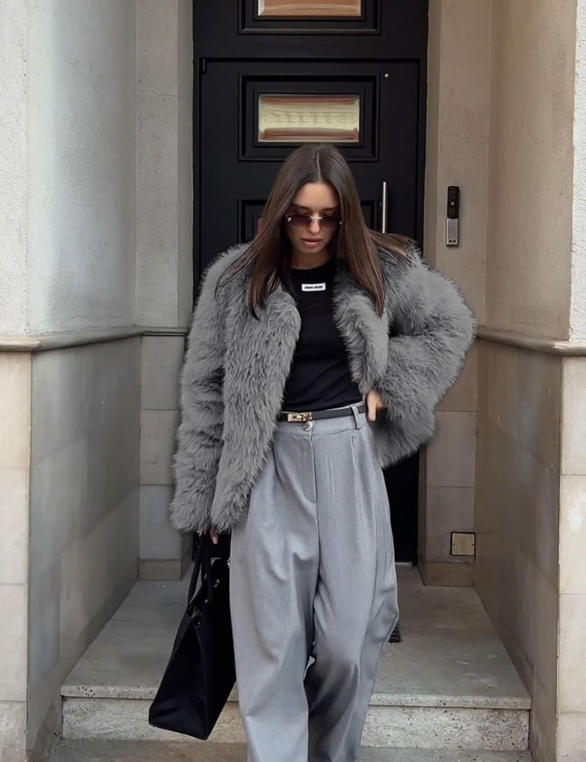 Shiyifa Women's Faux Fur Coat Long Sleeve Fleece Cropped Jacket Open Front Shaggy Warm Short Fall Winter Outerwear - Image 2