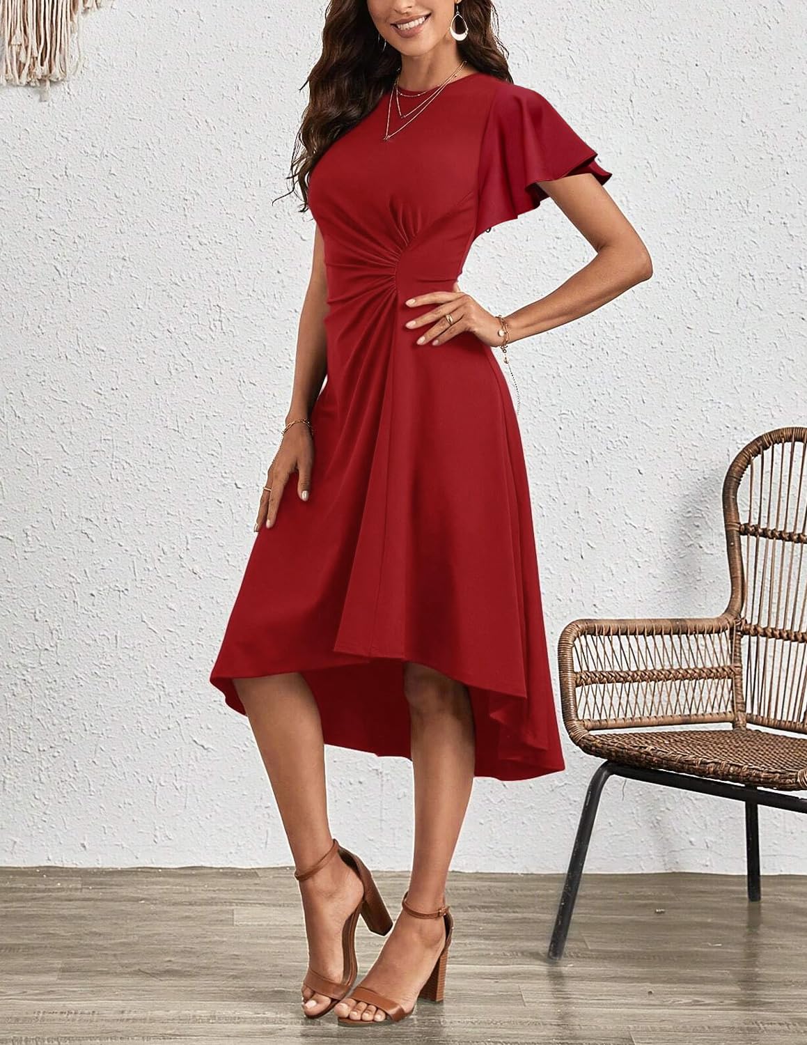 Vestido Elegante Mujer Vestidos de Manga Corta Cuello Redondo Casual Vestido A-Line de Cóctel Fiesta