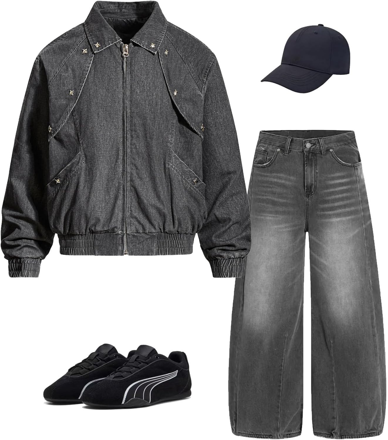 Bakyarder Unisex Vintage Deconstructed Workwear Jacket Collared Bomber Coat with Metal Rivet Details