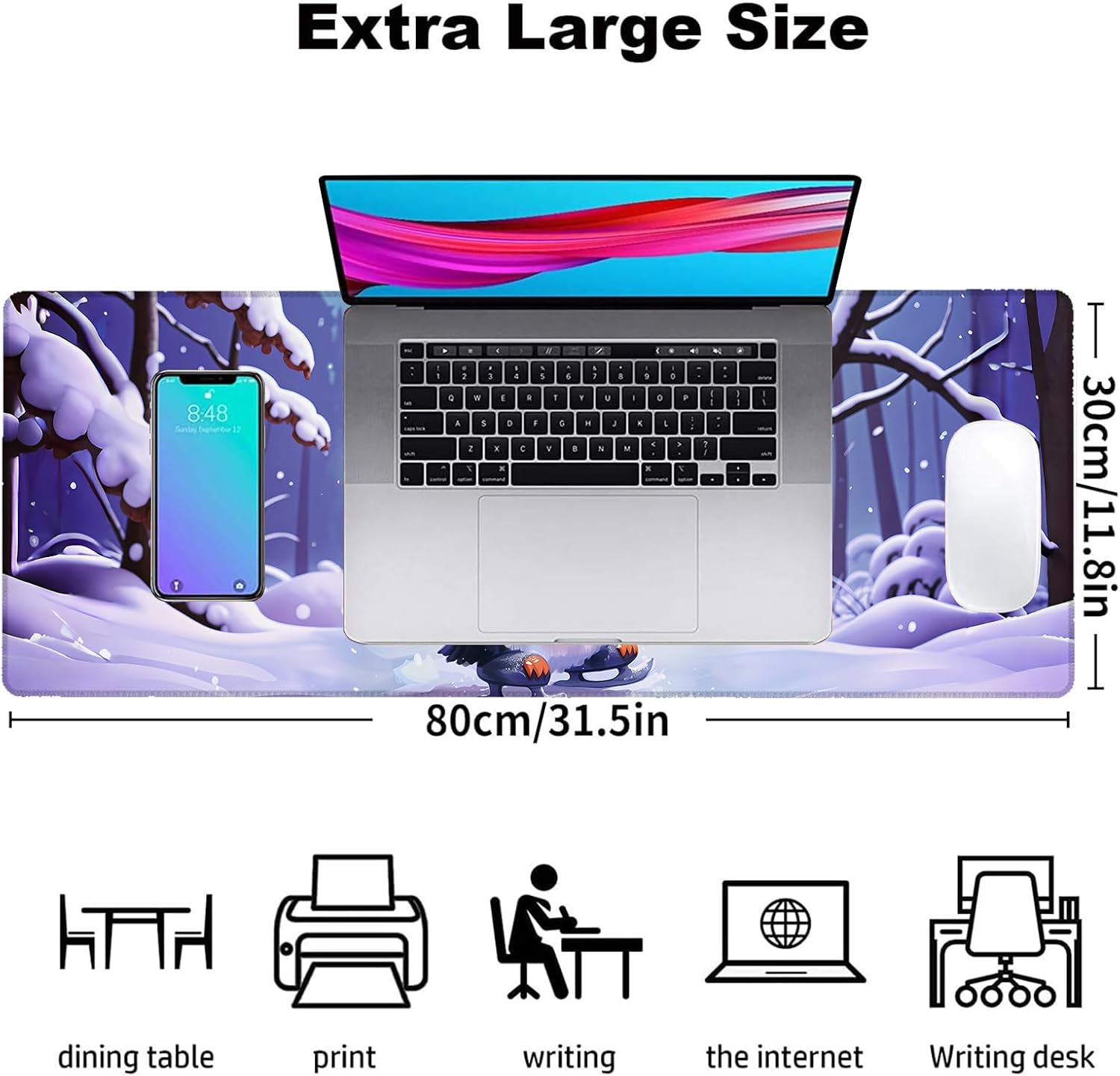 Winter Penguin Gaming Mouse Pad, Office Desk Mat, Anti-Slip Rubber Base Cool Aesthetic Mouse Pads for Computer Laptop Keyboard School Home Desktop Gamer Home Accessories Decor 31.5" x 11.8"