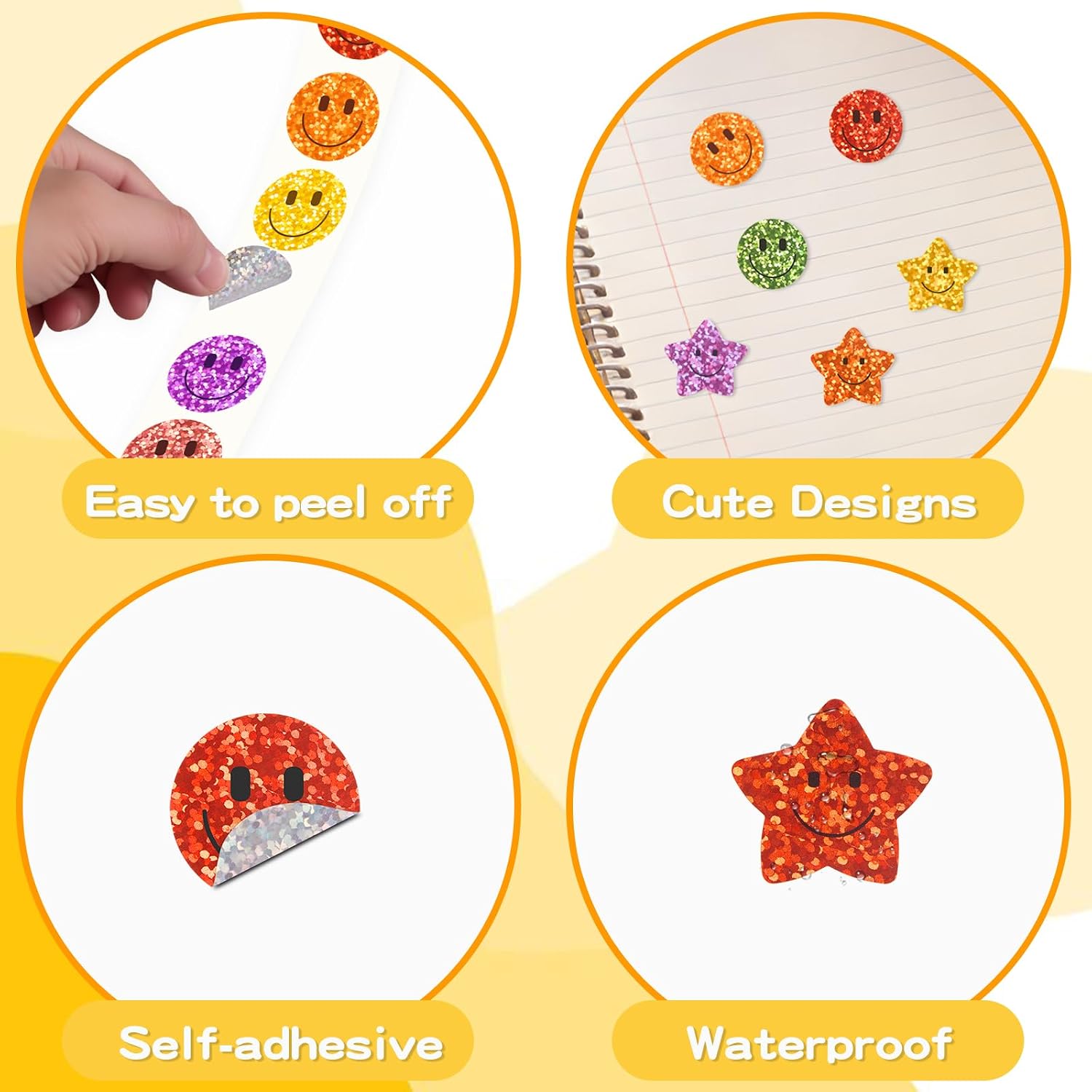 2000 Pcs Rainbow Glitter Smile Face & Star Stickers for Kids – 1 Inch Colorful Shiny Happy Face Reward Stickers for Student Planners, Classroom Charts, Homework & Teacher Supplies