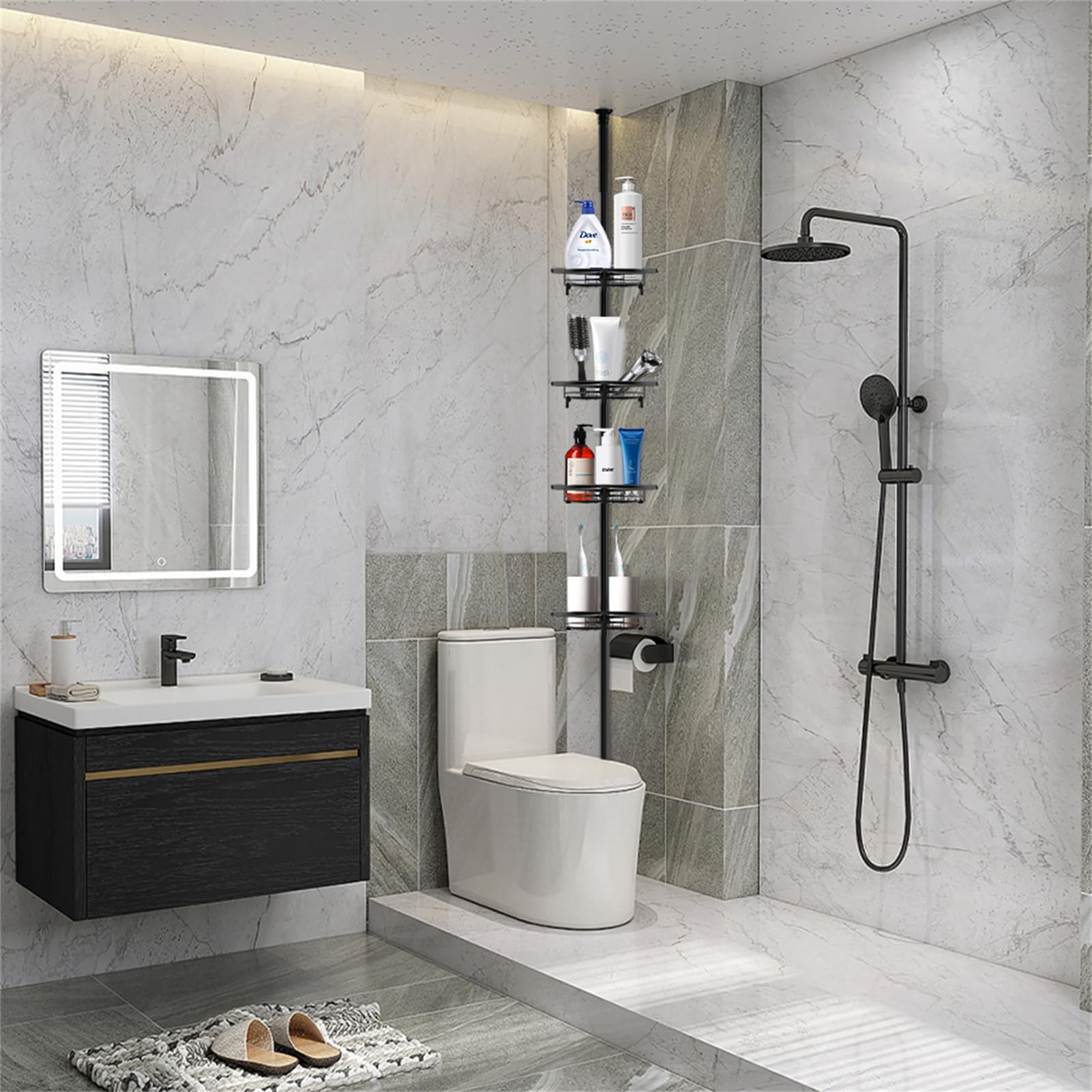 homewell Estante para ducha sin taladrar, altura ajustable, estante de ducha esquinero de acero inoxidable y placa de red, estantería de baño con 4 cestas y 4 ganchos móviles para toallas, organizador
