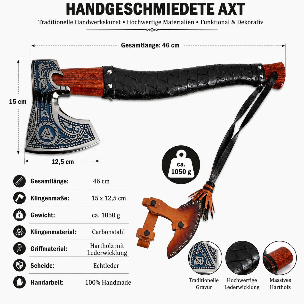 Wikinger Axt Valknut Gravur Handgeschmiedet + Lederscheide