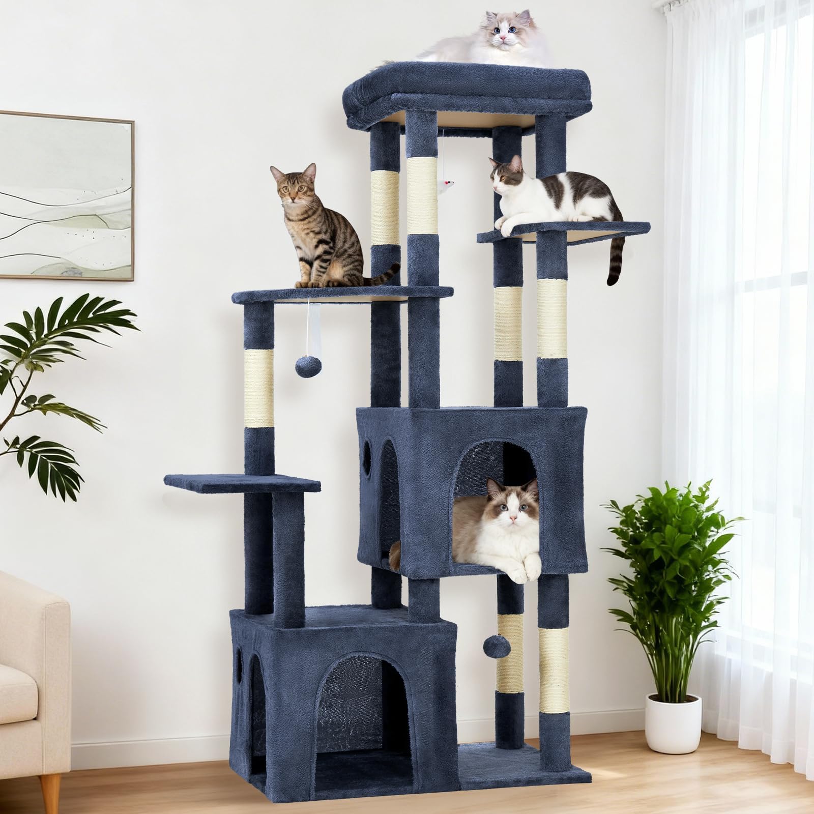 Heavy-Duty 61" Multi-Level Cat Tree Tower for Large Indoor Cats & Maine Coons – Extra-Large Perch, 2 Spacious Condos, Sturdy Sisal Scratching Posts, Play Toys, Stable Modern Activity Center — image 1