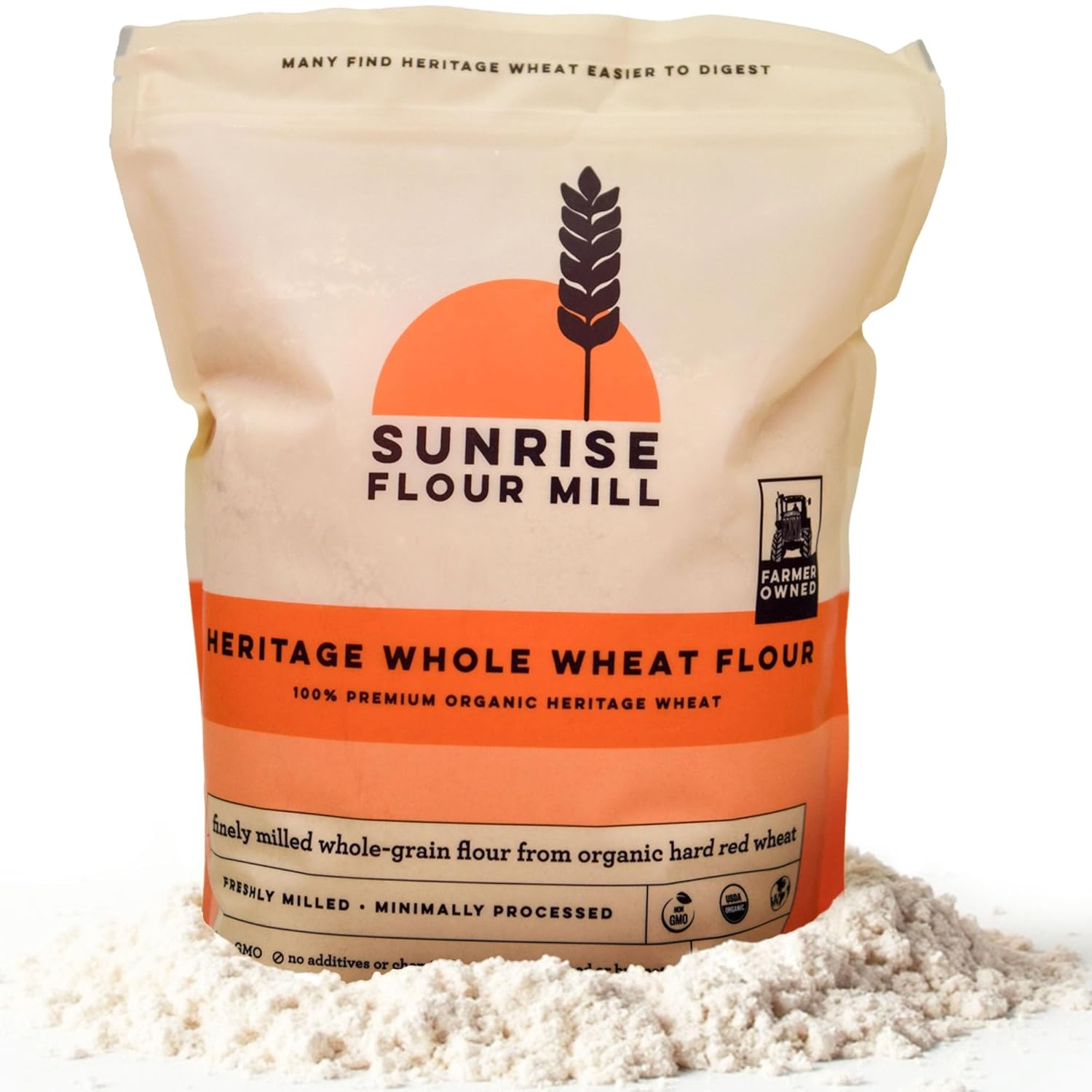 Sunrise Flour Mill Heritage Organic Whole Wheat Flour - 5 lbs | Milled from red hard wheat within 10 Days | Easier to Digest with Less Bloating | No Bleaching | Organic whole wheat bread flour USDA Or