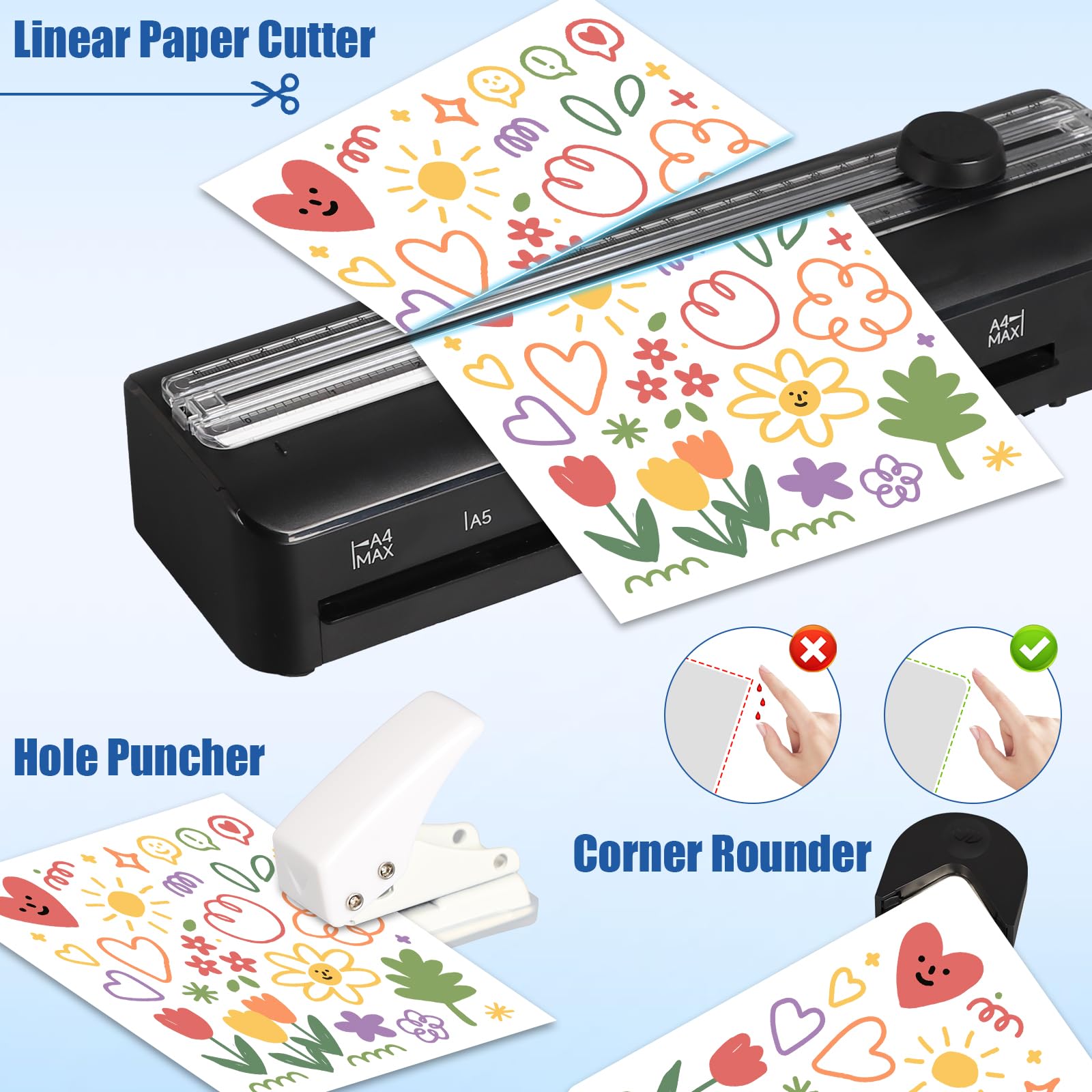 A4 Plastificatrice，5-in-1 Laminatrice a Caldo e a Freddo Plastificatrici for A4 A5 A6， Riscaldamento Rapido, Caldo e Freddo，con Sacchetti di Laminazione con Taglierino