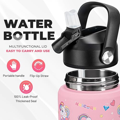 Miniatura 2 de Charcy Botella de agua aislada de 12 onzas con pajilla, botella de agua deportiva con boca ancha, taza térmica de viaje a prueba de fugas, unicornio