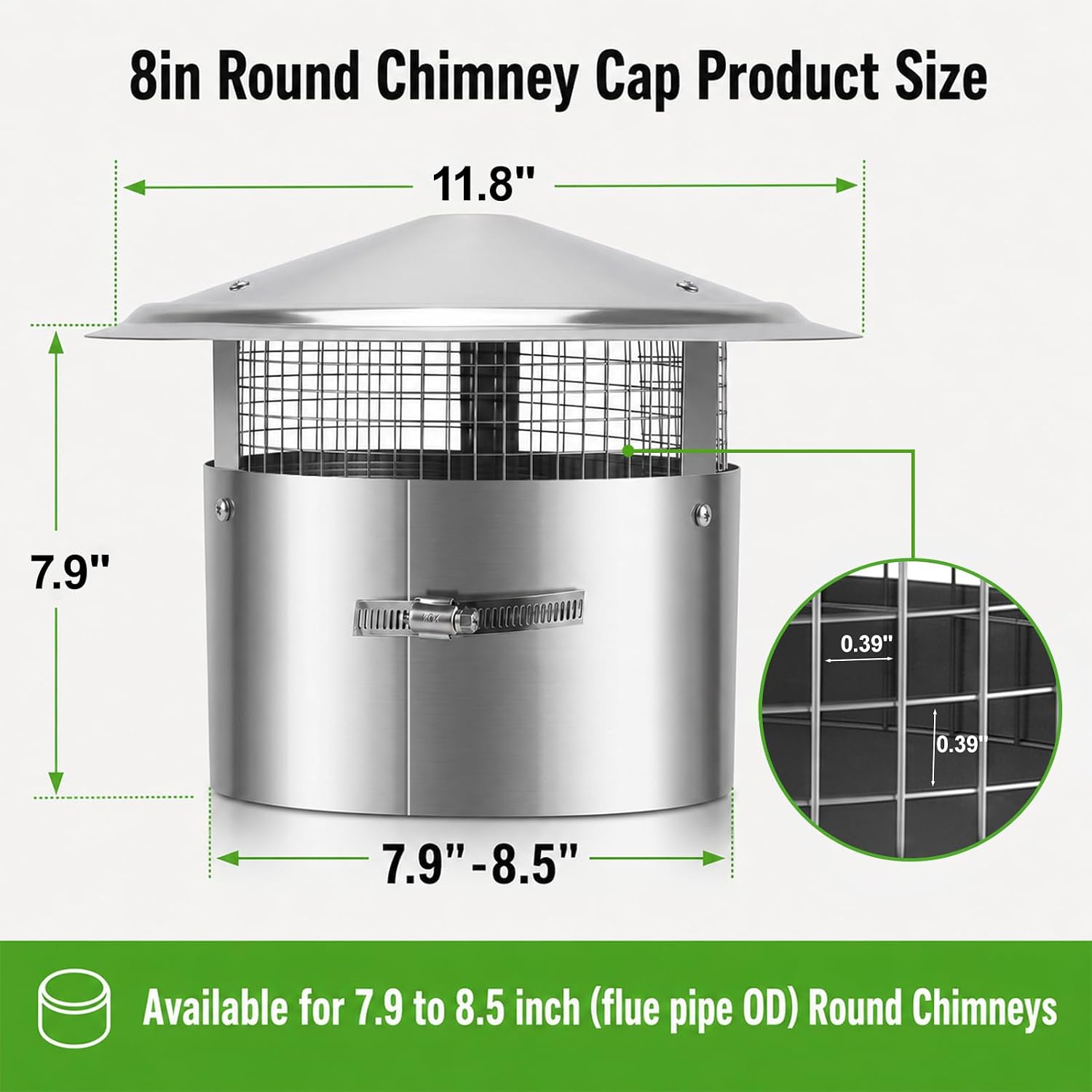 8 Inch Chimney Cap, Adjustable 7.9-8.5" for Wood Stove Fireplace (Sliver)