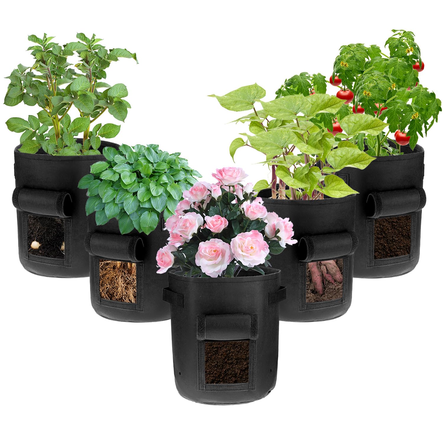 QWORK® 5-Pack 10 Gallon Potato Grow Bags, Black Plant Growing Bags with Harvest Window, for Gardening, Vegetables