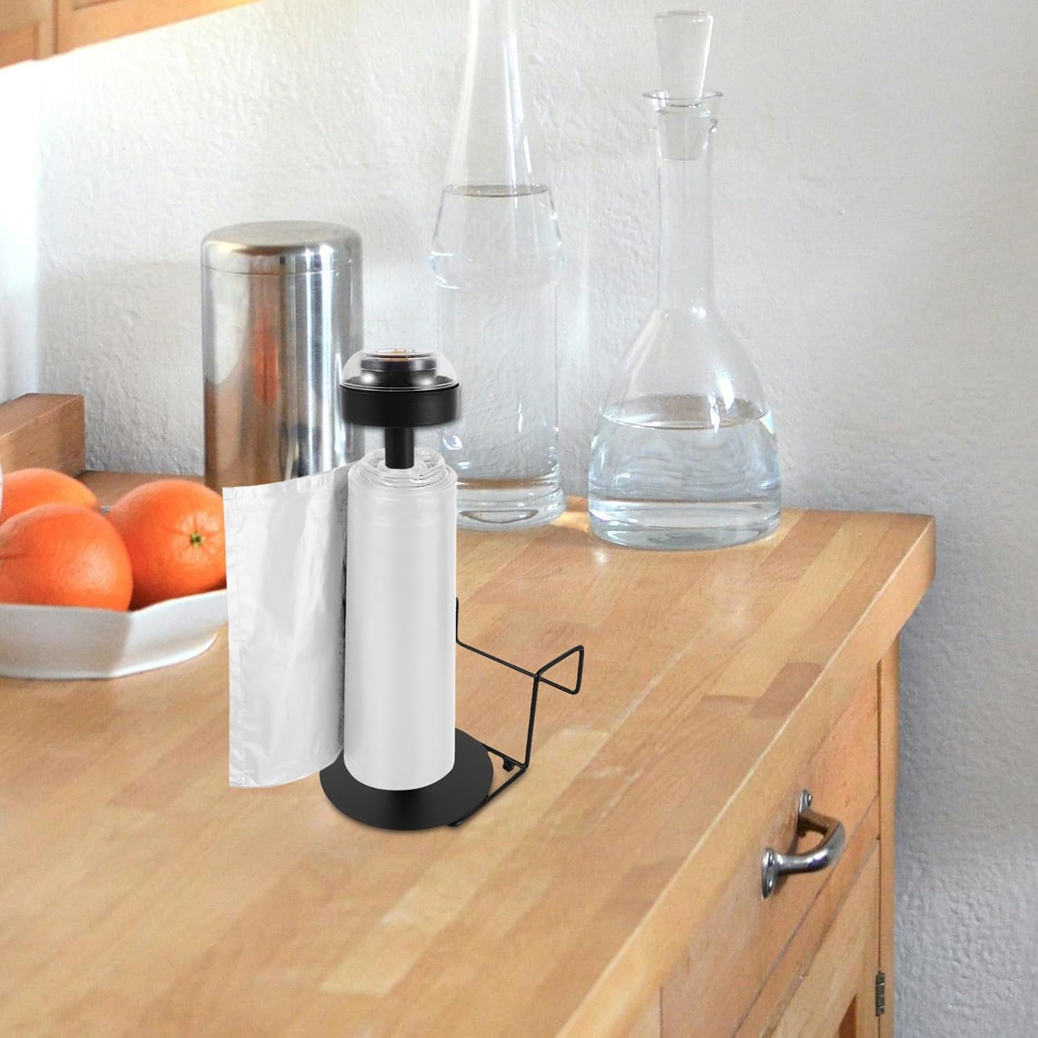 Wall Mounted Supermarket Bag Roll Holder Black Metal Dispenser Rack | Electrosilvering Finish, for Plastic and Grocery Bags, Suited to Food Stalls and Retail Areas, Space Saving Organization