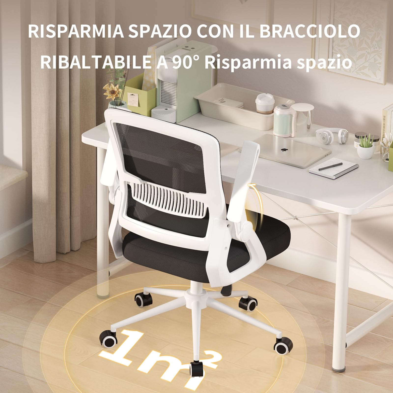 naspaluro Sedia da Ufficio Scrivania Ergonomica, Con Braccioli Pieghevoli, Altezza Regolabile, Seduta e Schienale in Rete Respirante, Girevole con Ruote, Funzione Oscillante Bianco