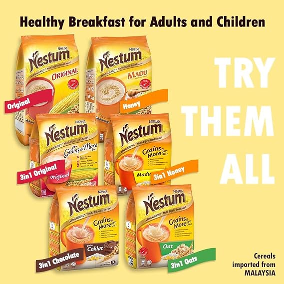 Nestum All Family 3-in-1 Instant Ce'real Milk Drink and 1-Pack Nestle Ce'real Snack Bundle (Milo or Koko Krunch or Honey Star, 30 g) - Low Fat Milk Ce'real Made with Wholemeal Wheat, Rice & Corn Grits, Fortified with Vitamins (Chocolate, 14 Sachets)