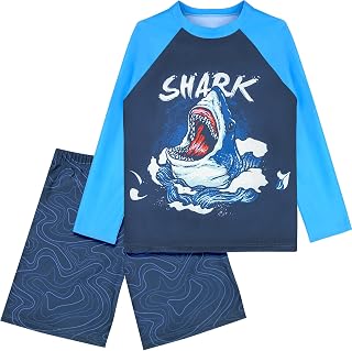 Boys Two Piece Rash Guard Swimsuits Sets Kids Long Sleeve Sunsuit Swimwear Sets