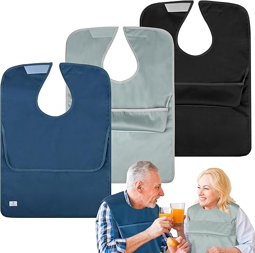 Miniatura 18 de Paquete de 3 baberos para adultos con atrapador de migas, baberos para comer, protectores de ropa para adultos, impermeables, lavables, babero de