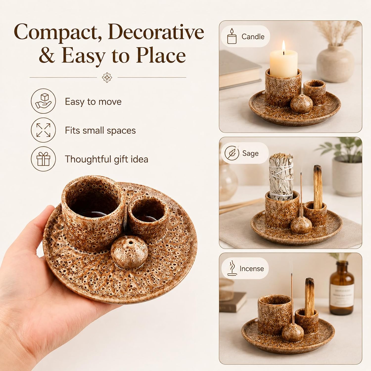 4-in-1 Ceramic Incense Burner Holder, Palo Santo Sticks Holder, Compatible with Sage, Palo Santo, Multi-use Incense Candle Holder for Home, Office, Yoga