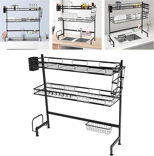 Miniatura 4 de Escurridor de platos sobre el fregadero, estante de cocina de 2 niveles de acero al carbono completo con 8 ganchos, estante multifuncional que