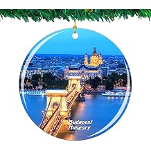 Hungary Chain Bridge Budapest Christmas Ornament City Travel Souvenir Collection Double Sided Porcelain 2.85 Inch Hanging Tree Decoration