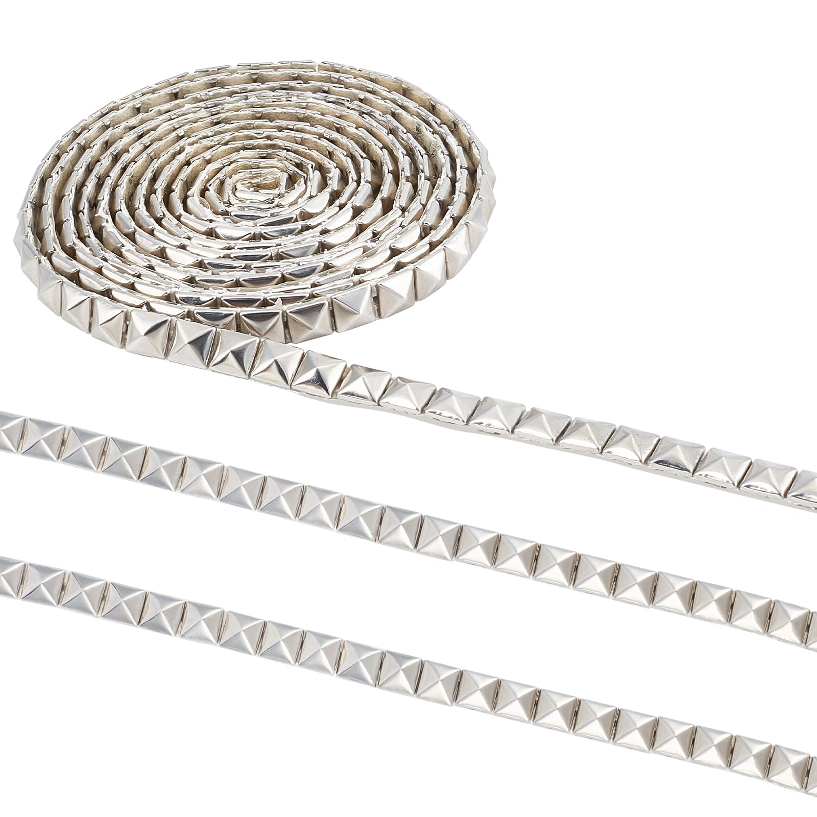 CHGCRAFT 2.5 Yards Hot Fix Pyramid Nailhead Trim 304 Stainless Steel Silver Iron-on Convex Pyramid Nailhead Trim with PU Leather Base for Decoration