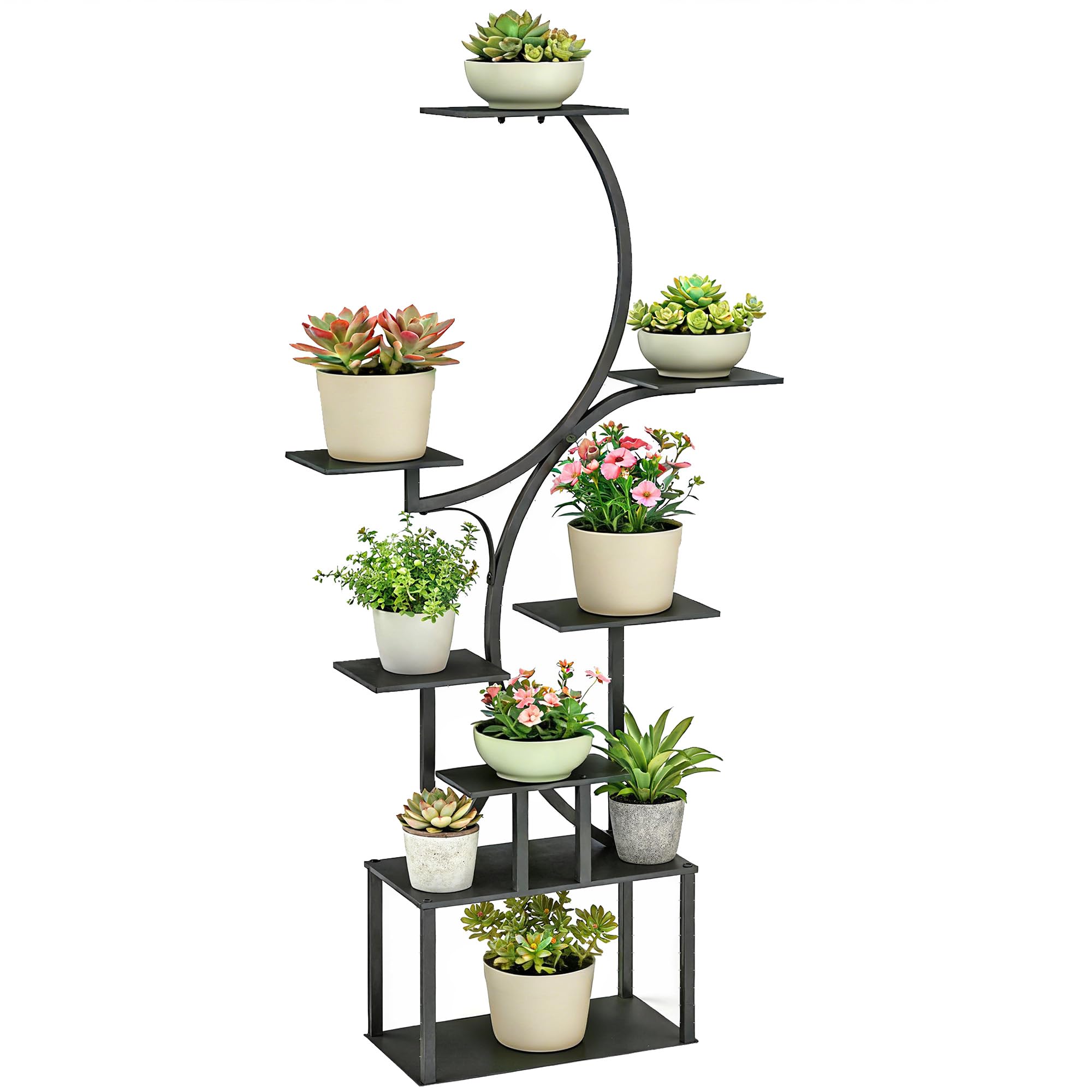 Outsunny Étagère à Fleurs en Métal à 8 Niveaux, Étagère à Plantes en Forme de S 158,5 cm, Support de Plantes, Intérieur et Extérieur, pour Jardin, Balcon, Terrasse ou Coin du Salon, Noir